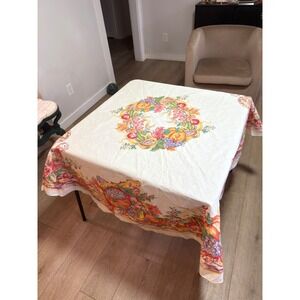 Vintage Thanksgiving Tablecloth 65" Round Cotton Turkey Fall Harvest